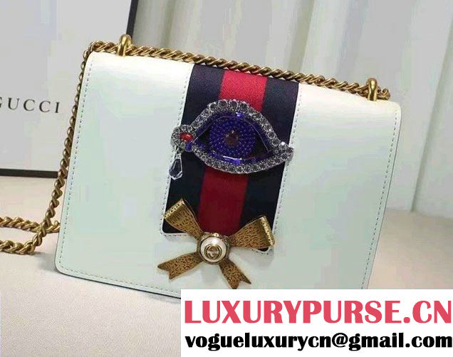 Gucci Eye Pearl Web Leather Chain Shoulder Medium Bag 432280 White/Blue 2016