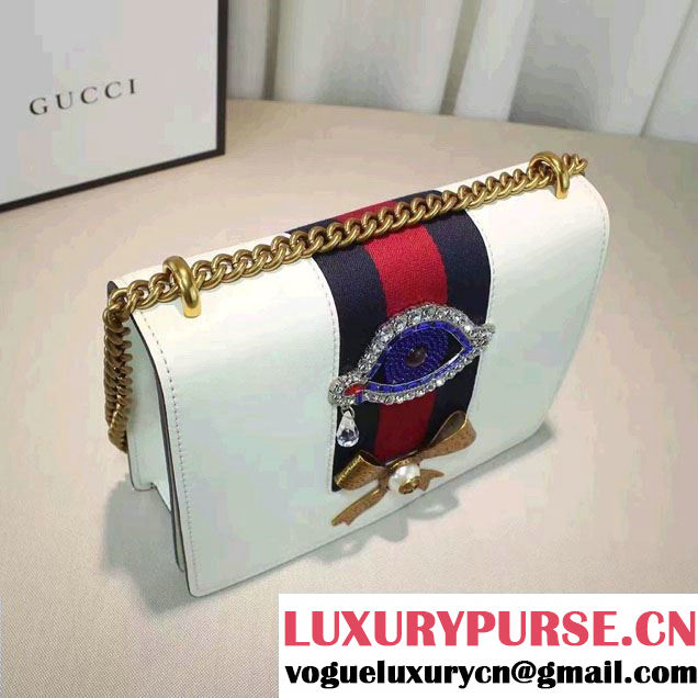 Gucci Eye Pearl Web Leather Chain Shoulder Medium Bag 432280 White/Blue 2016