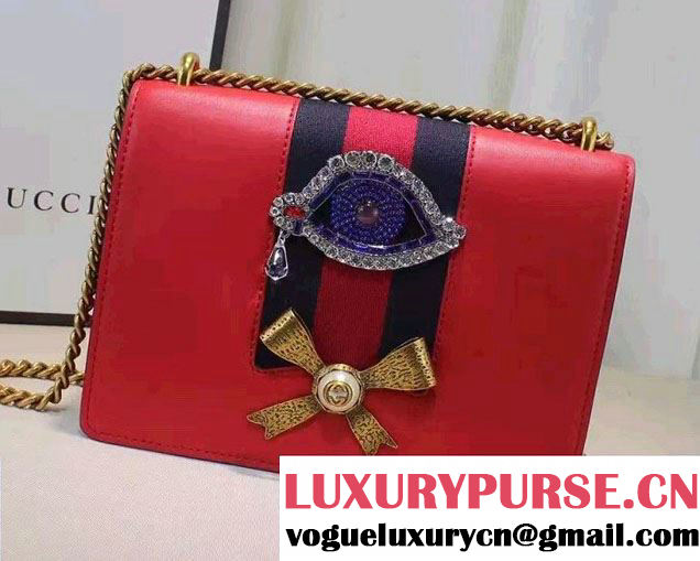 Gucci Eye Pearl Web Leather Chain Shoulder Medium Bag 432280 Red/Blue 2016