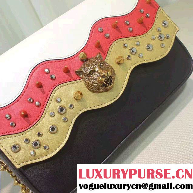 Gucci Studded Leather Chain Shoulder Medium Bag 432410 Black/White/Red/Gold 2016