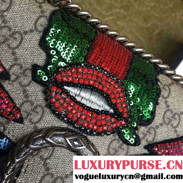 Gucci Sequins Mouth And Lightening Embroidered Dionysus GG Supreme Small Bag 400249 2016