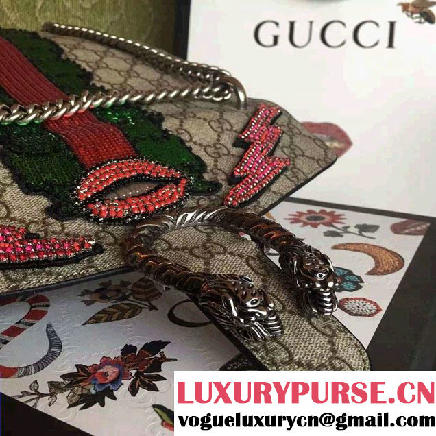 Gucci Sequins Mouth And Lightening Embroidered Dionysus GG Supreme Small Bag 400249 2016