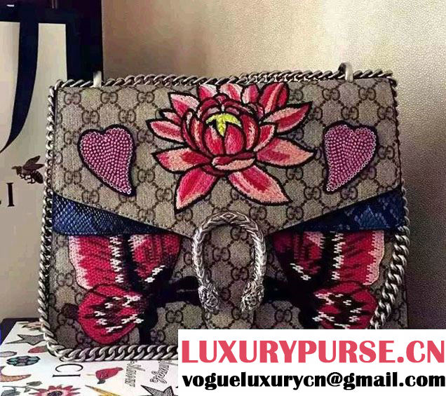 Gucci Lotus and Sequins Heart Embroidered Dionysus GG Supreme Medium Bag 400235/403348 2016