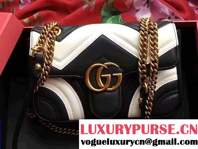 Gucci GG Marmont Matelassé Chevron Mini Chain Shoulder Bag 446744 Black/White 2016