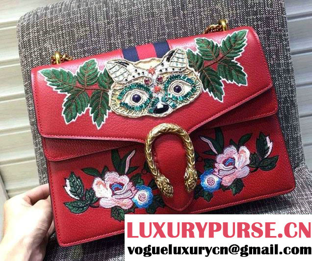 Gucci Dionysus Raccoon And Floral Crystal Embroidered Shoulder Medium Bag 400235 Red 2016