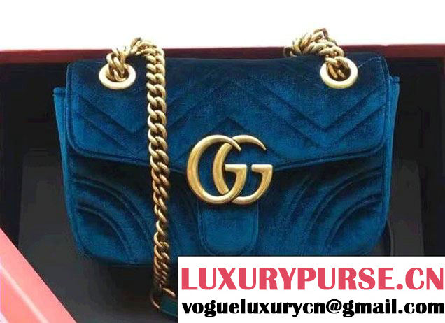Gucci GG Marmont Matelassé Chevron Velvet Mini Chain Shoulder Bag 446744 Blue 2016