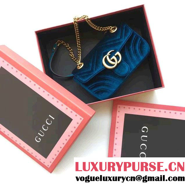 Gucci GG Marmont Matelassé Chevron Velvet Mini Chain Shoulder Bag 446744 Blue 2016