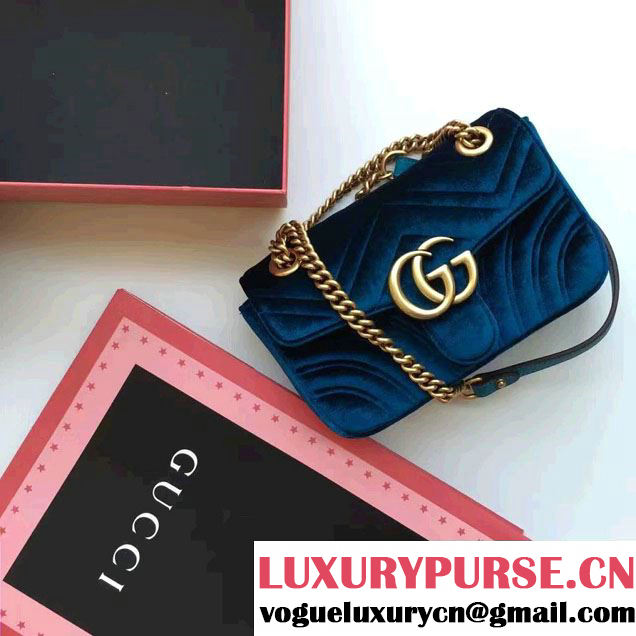 Gucci GG Marmont Matelassé Chevron Velvet Mini Chain Shoulder Bag 446744 Blue 2016