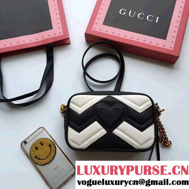 Gucci GG Marmont Matelassé Chevron Mini Chain Shoulder Camera Bag 448065 Black/White 2016