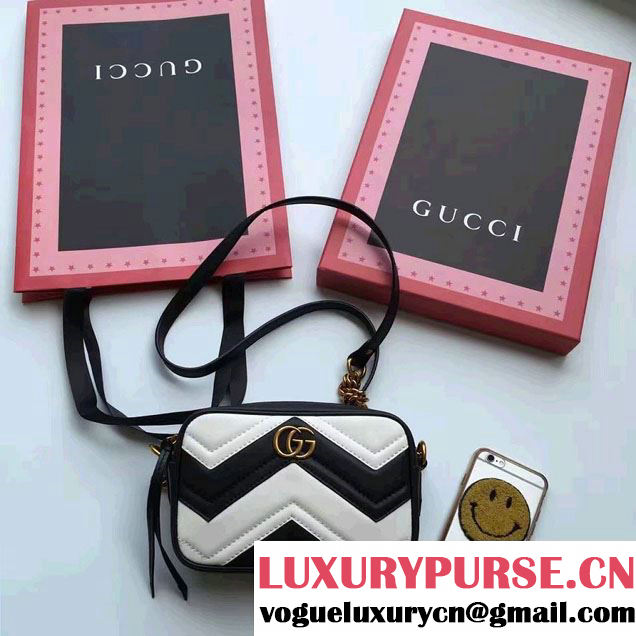 Gucci GG Marmont Matelassé Chevron Mini Chain Shoulder Camera Bag 448065 Black/White 2016