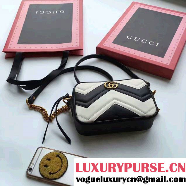 Gucci GG Marmont Matelassé Chevron Mini Chain Shoulder Camera Bag 448065 Black/White 2016