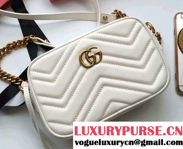 Gucci GG Marmont Matelassé Chevron Mini Chain Shoulder Camera Bag 448065 White 2016