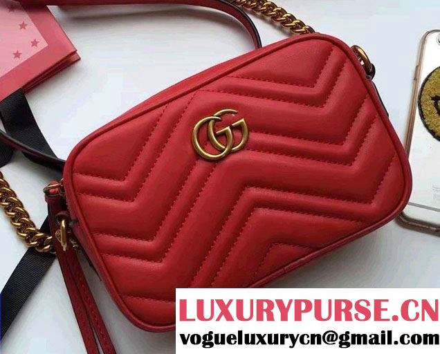 Gucci GG Marmont Matelassé Chevron Mini Chain Shoulder Camera Bag 448065 Red 2016