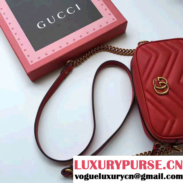 Gucci GG Marmont Matelassé Chevron Mini Chain Shoulder Camera Bag 448065 Red 2016