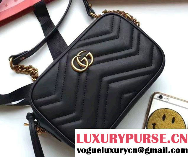 Gucci GG Marmont Matelassé Chevron Mini Chain Shoulder Camera Bag 448065 Black 2016