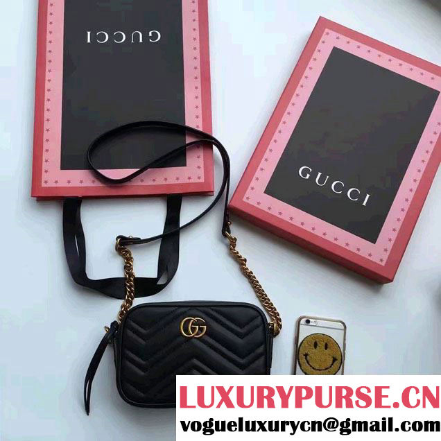 Gucci GG Marmont Matelassé Chevron Mini Chain Shoulder Camera Bag 448065 Black 2016