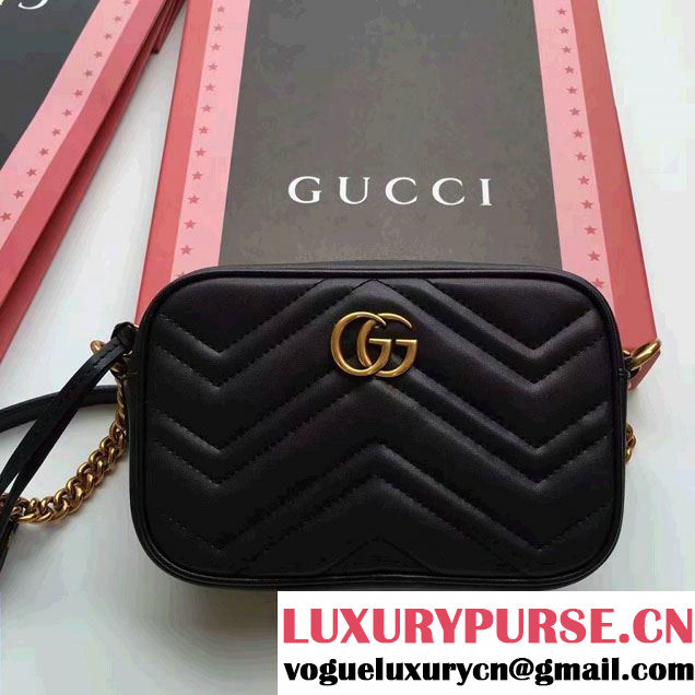 Gucci GG Marmont Matelassé Chevron Mini Chain Shoulder Camera Bag 448065 Black 2016