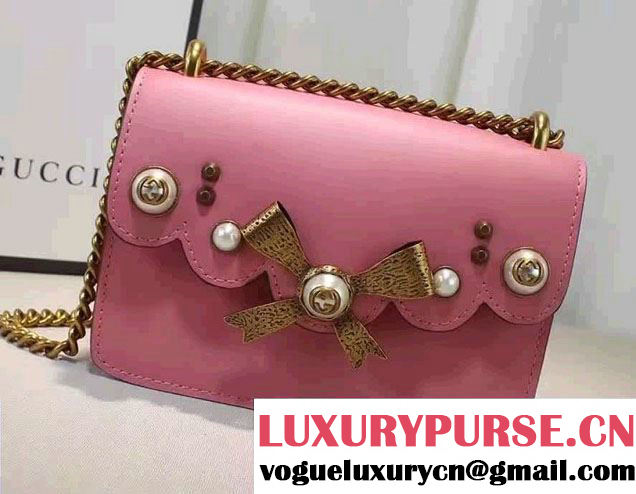 Gucci Pearl Studs and Bow Leather Chain Shoulder Small Bag 432281 Pink 2016