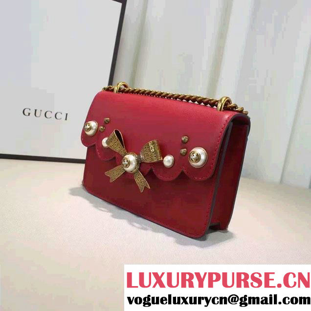 Gucci Pearl Studs and Bow Leather Chain Shoulder Small Bag 432281 Red 2016