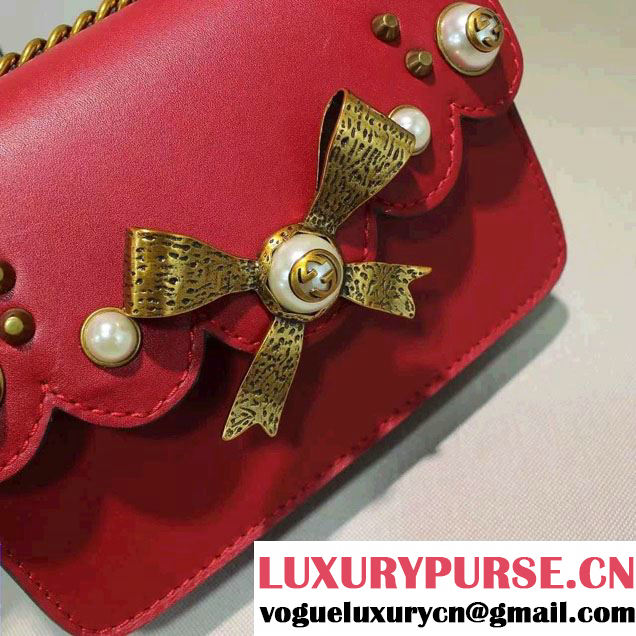Gucci Pearl Studs and Bow Leather Chain Shoulder Small Bag 432281 Red 2016
