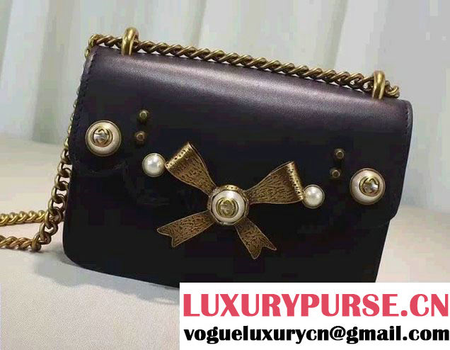 Gucci Pearl Studs and Bow Leather Chain Shoulder Small Bag 432281 Black 2016