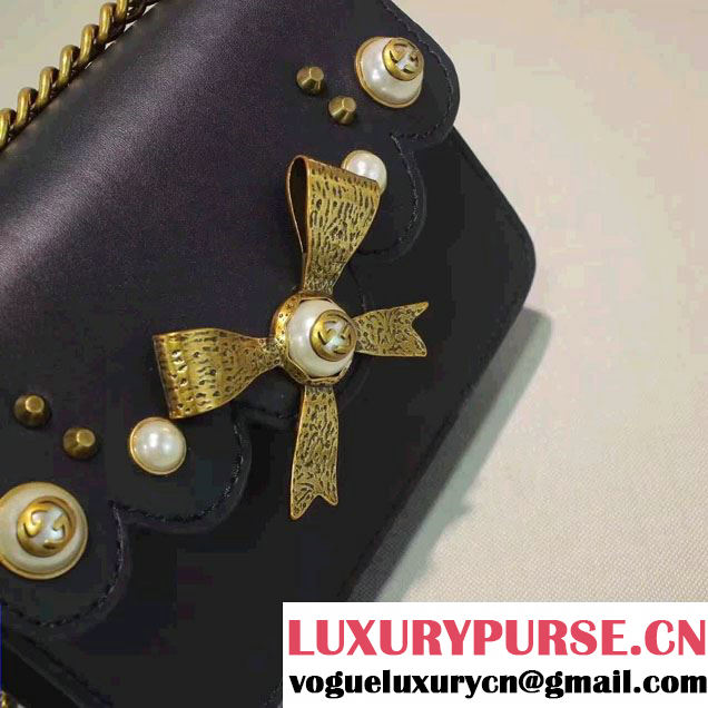 Gucci Pearl Studs and Bow Leather Chain Shoulder Small Bag 432281 Black 2016