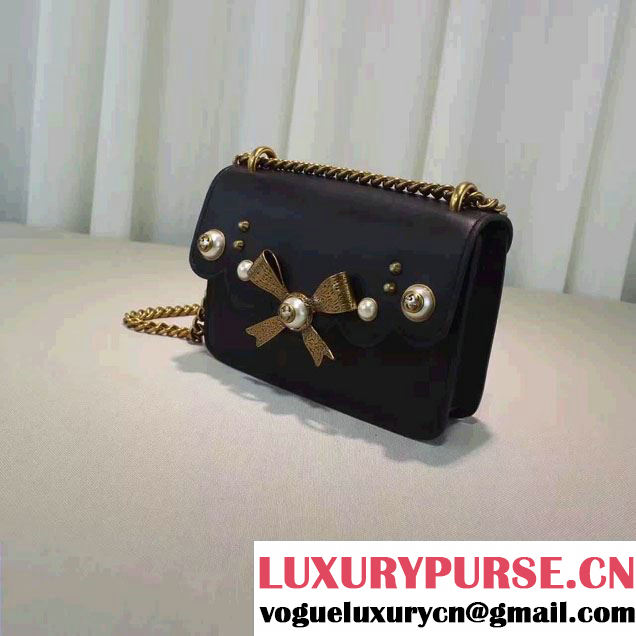 Gucci Pearl Studs and Bow Leather Chain Shoulder Small Bag 432281 Black 2016