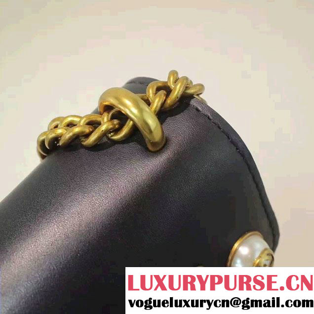 Gucci Pearl Studs and Bow Leather Chain Shoulder Small Bag 432281 Black 2016