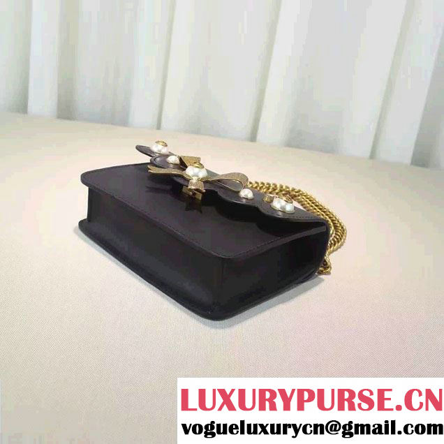 Gucci Pearl Studs and Bow Leather Chain Shoulder Small Bag 432281 Black 2016