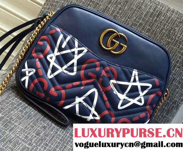 Gucci GG GucciGhost Marmont Matelassé Chevron Shoulder Medium Bag 443499/432582 Blue 2016