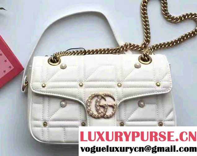 Gucci Pearl Logo GG Marmont Matelassé Chevron Small Chain Shoulder Bag 443497 White 2016