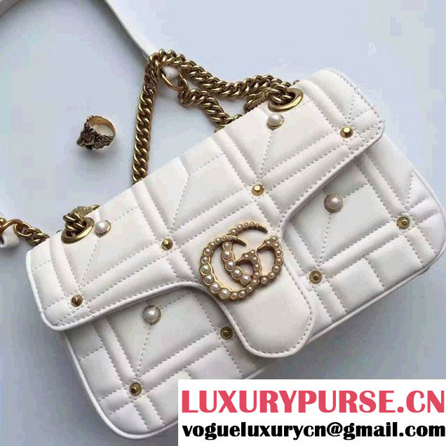 Gucci Pearl Logo GG Marmont Matelassé Chevron Small Chain Shoulder Bag 443497 White 2016