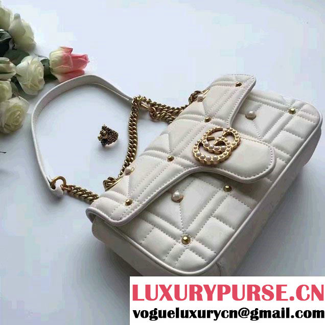 Gucci Pearl Logo GG Marmont Matelassé Chevron Small Chain Shoulder Bag 443497 White 2016