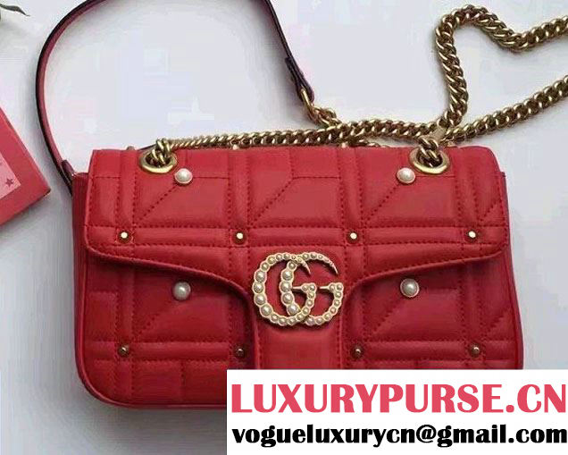 Gucci Pearl Logo GG Marmont Matelassé Chevron Small Chain Shoulder Bag 443497 Red 2016