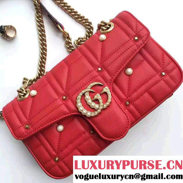 Gucci Pearl Logo GG Marmont Matelassé Chevron Small Chain Shoulder Bag 443497 Red 2016