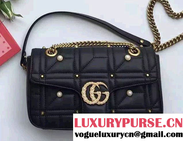 Gucci Pearl Logo GG Marmont Matelassé Chevron Small Chain Shoulder Bag 443497 Black 2016