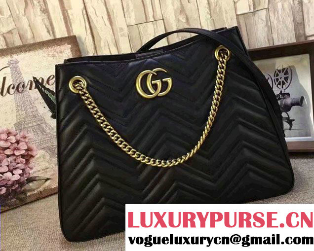 Gucci GG Marmont Matelassé Chevron Chain Shoulder Medium Bag 453569 Black 2016