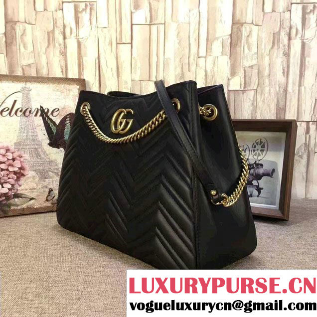 Gucci GG Marmont Matelassé Chevron Chain Shoulder Medium Bag 453569 Black 2016