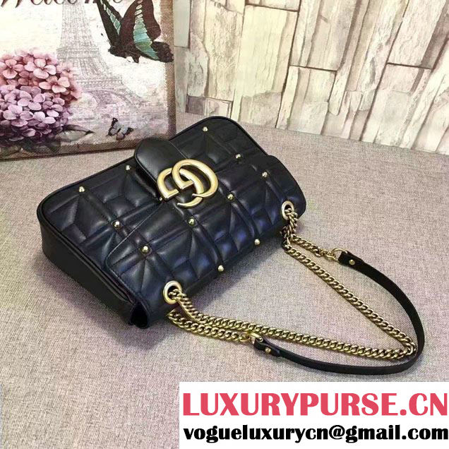 Gucci GG Marmont Matelassé Chevron Medium Chain Shoulder Bag 443496 Black Studs 2016