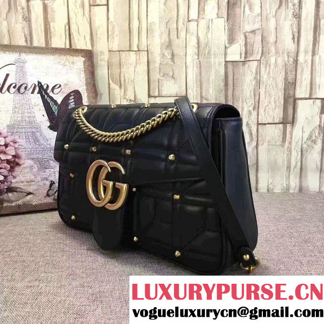 Gucci GG Marmont Matelassé Chevron Medium Chain Shoulder Bag 443496 Black Studs 2016