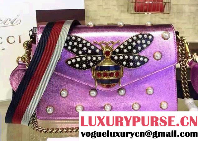 Gucci Pearl Studs And Metal Bee Broadway Leather Chain Clutch Bag 453778 Pink 2017