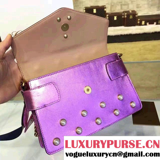 Gucci Pearl Studs And Metal Bee Broadway Leather Chain Clutch Bag 453778 Pink 2017