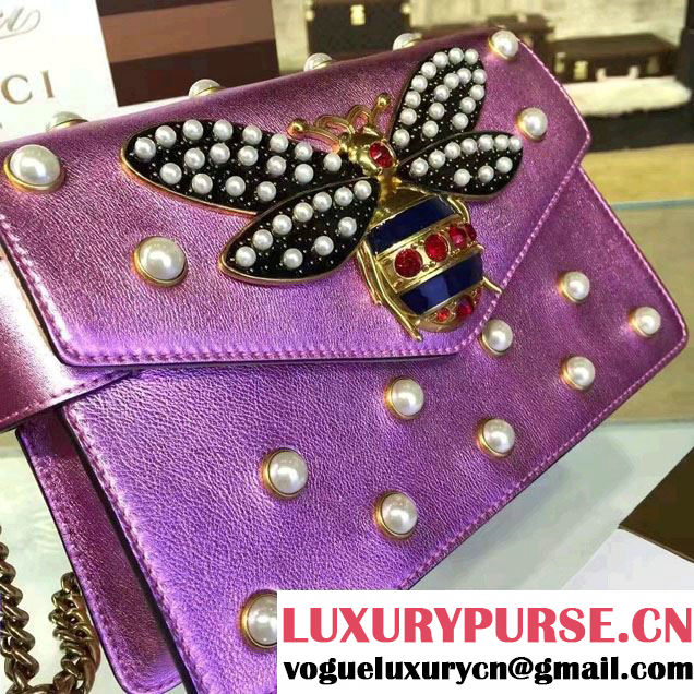 Gucci Pearl Studs And Metal Bee Broadway Leather Chain Clutch Bag 453778 Pink 2017