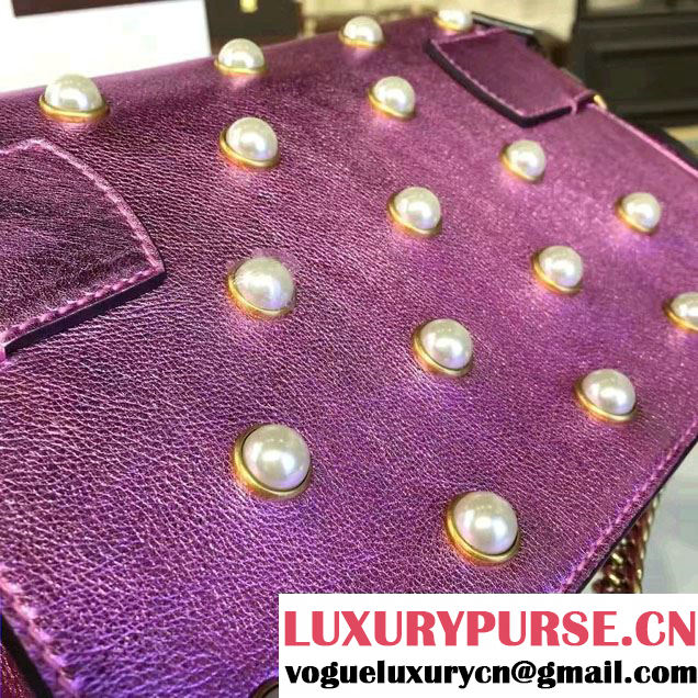 Gucci Pearl Studs And Metal Bee Broadway Leather Chain Clutch Bag 453778 Pink 2017