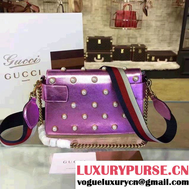 Gucci Pearl Studs And Metal Bee Broadway Leather Chain Clutch Bag 453778 Pink 2017