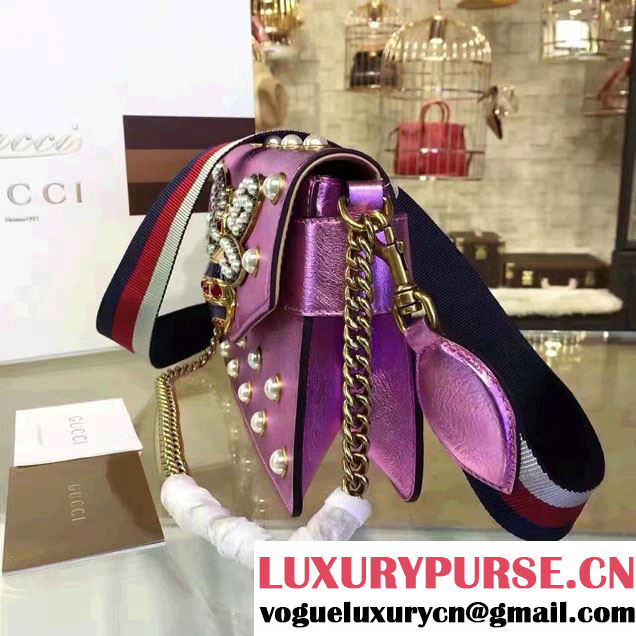 Gucci Pearl Studs And Metal Bee Broadway Leather Chain Clutch Bag 453778 Pink 2017
