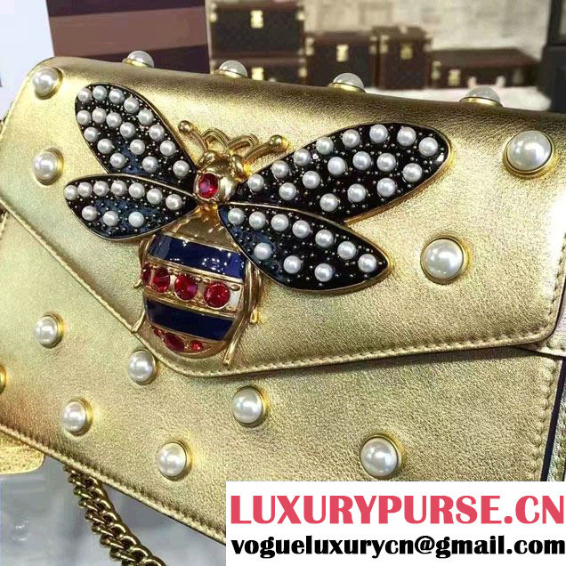 Gucci Pearl Studs And Metal Bee Broadway Leather Chain Clutch Bag 453778 Gold 2017
