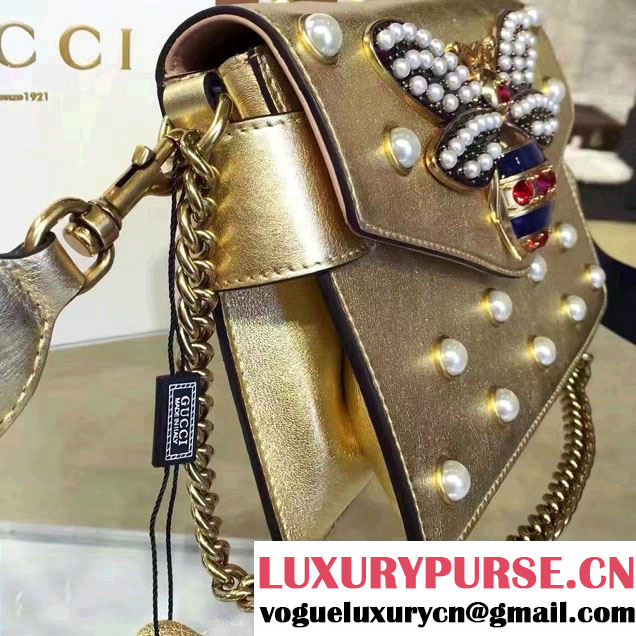 Gucci Pearl Studs And Metal Bee Broadway Leather Chain Clutch Bag 453778 Gold 2017
