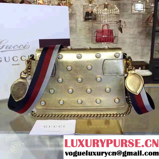 Gucci Pearl Studs And Metal Bee Broadway Leather Chain Clutch Bag 453778 Gold 2017