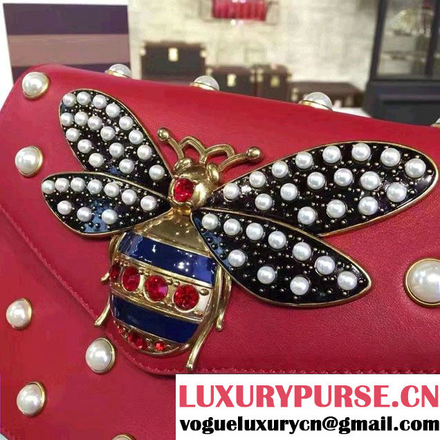 Gucci Pearl Studs And Metal Bee Broadway Leather Chain Clutch Bag 453778 Red 2017